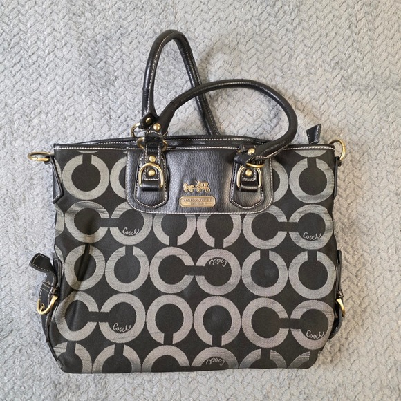 Coach Signature Op Art Satchel 12693 Black Gray Canvas Leather Handbag Purse - Picture 2 of 12